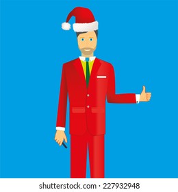 Smiling santa claus vector businessman with mobile phone shows the thumb up. Vector illustration.