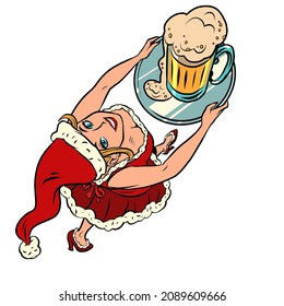 smiling santa claus waiter with a beer mug, Christmas bar pub restaurant