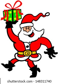 Smiling Santa Claus walking animatedly while holding a beautifully decorated Christmas gift