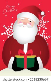 Smiling santa clause holding gift box in winter holiday scene. Merry christmas greeting vector illustration.