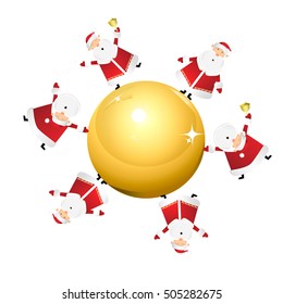 Smiling santa clauses rings bell, waving hands up in the air, christmas, new year vector illustration, cartoon character old man, shiny decoration ball