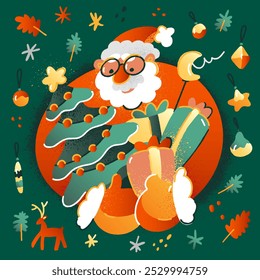 Smiling Santa Embracing a Christmas Tree and Holiday Gifts. Hand-Drawn Vector Illustration, Not AI.