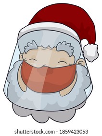 Smiling Santa with half mask and face shield protector, promoting care and safe distancing during Xmas and pandemic season.