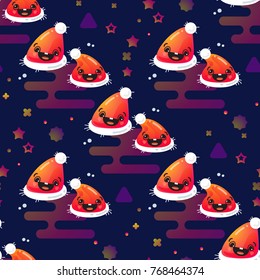 Smiling Santa hat. Red Santa hats  with Pompom and stars on dark blue. Vector Seamless pattern. Christmas background. Cartoon illustration.