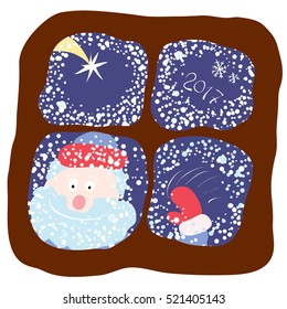 Smiling Santa peeping through the window in the winter on a background of falling stars and snow / soon make a wish