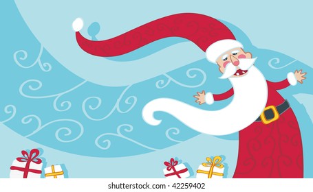 Smiling Santa with presents on blue frost background