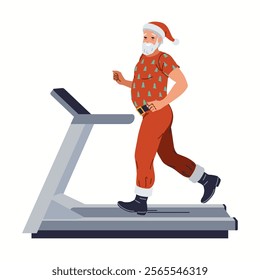 Smiling Santa running on treadmill flat color vector character. Active preparation for Christmas holiday illustration on white background
