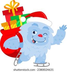 Smiling Santa Yeti Bigfoot Cartoon Character With Christmas Bag Waving. Vector Illustration Flat Design Isolated On Transparent Background