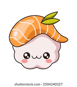 Sashimi sonriente con Ilustración vectorial de color plano de salmón y hierbas. Carácter tradicional de la cocina asiática de Kawaii en el fondo blanco