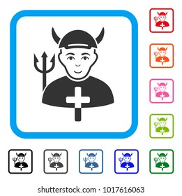 Smiling Satan Priest vector pictograph. Person face has joyful emotion. Black, grey, green, blue, red, pink color versions of satan priest symbol inside a rounded rectangular frame. A person in a cap.