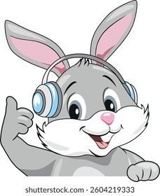 Smiling satisfied bunny in headphones. Vector