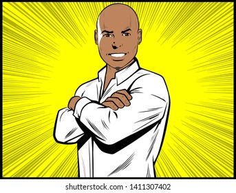 Smiling satisfied Single handsome grinning confident young Black adult. Shaved head bald man with his hands crossed. Pop art retro vector illustration cartoon comic book style