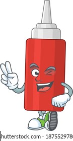 smiling sauce bottle cartoon mascot style with two fingers. Vector illustration