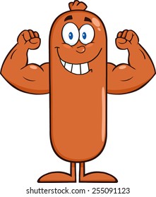 Smiling Sausage Cartoon Character Flexing. Vector Illustration Isolated On White