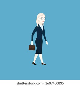 Smiling Scandinavian business lady. Business woman in a blue suit with brown briefcase in hand. Confident young lady. Step to success. Blonde with long hair. Girl in glasses with a round frame. Vector