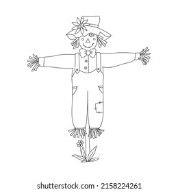 Smiling scarecrow character in line style for coloring page. Vector outline funny illustration isolated on white