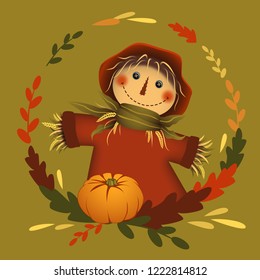 Smiling scarecrow in leaves frame with pumpkin. Autumn colors. Vector illustration. 