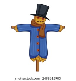 Smiling scarecrow wearing a blue coat and top hat, standing in a field with outstretched arms