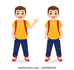 Smiling school boy with backpack waving hand isolated vector illustration