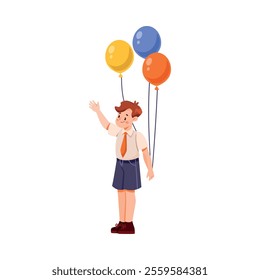 Smiling School Boy Character at First September with Balloon Bunch Vector Illustration