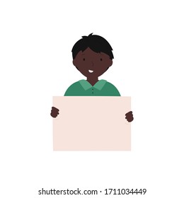 Smiling school boy with an empty placard in his hands isolated on white background. Afro ameriacan boy holding a blank sheet with a place for text. Flat vector illustration 