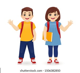 Smiling school boy and girl with backpack waving hand isolated vector illustration