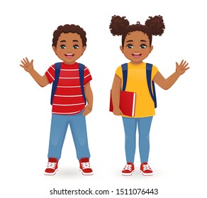 Smiling school boy and girl with backpack waving hand isolated vector illustration