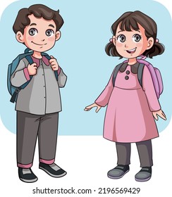 Smiling School Boy And Girl With Backpacks. Omani Vector Illustration. Cute Kids