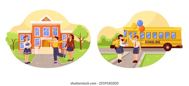 Smiling School Boy and Girl Character at First September Vector Set