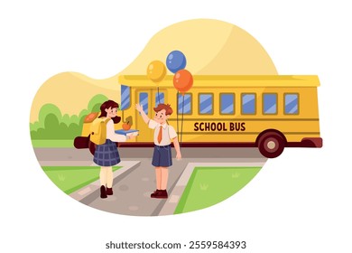 Smiling School Boy and Girl Character at First September Vector Illustration