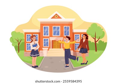 Smiling School Boy and Girl Character at First September Vector Illustration