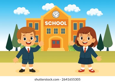 Smiling School Boy and Girl in Uniform Standing in Front of School Building