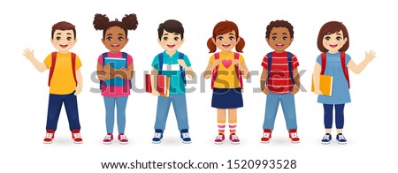 Smiling school children boys and girls with backpacks and books set isolated vector illustration. Multiethnic cute kids