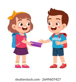 Crianças de escola sorridente Trocando uma ilustração de livro de menino e menina com mochilas