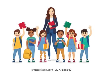 Smiling school children kids with backpacks and books standing near teacher woman isolated vector illustration