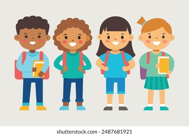 "Smiling School Children Set - Multi ethnic Kids with Backpacks and Books, Vector Illustration"