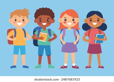 "Smiling School Children Set - Multi ethnic Kids with Backpacks and Books, Vector Illustration"