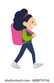 Smiling school girl with backpack isolated vector icon. Little schoolchildren illustration, pupil character in flat style.