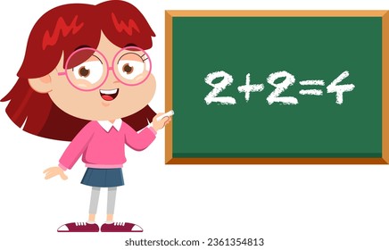 Smiling School Girl Cartoon Character Writing On Blackboard. Vector Illustration Flat Design Isolated On Transparent Background