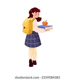 Smiling School Girl Character at First September with Backpack and Book Vector Illustration