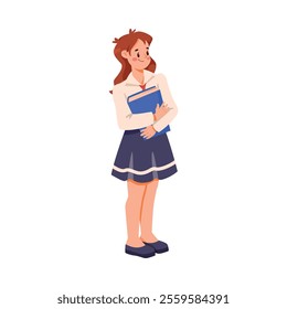 Smiling School Girl Character at First September Hold Book Vector Illustration