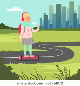 Smiling school girl riding on gyroscope on city background, balancing modern electric scooter vector illustration