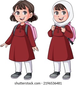 Escolares sonrientes con mochilas. Ilustración vectorial omaní. niños lindos