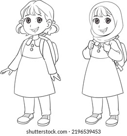 Smiling school girls with backpacks. Omani vector illustration. cute kids. line art. coloring.