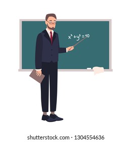 Smiling school mathematics teacher or university professor standing beside chalkboard and demonstrating equation. Happy lecturer isolated on white background. Flat cartoon vector illustration.