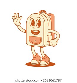 Bolsa escolar sonriente de regreso a la escuela personaje de dibujos animados hola hola Ilustración vectorial isométrica. Alumno alegre feliz de la mochila del cómic que estudia la bienvenida amistosa de la mascota minimalista de la educación