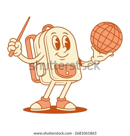 Smiling schoolbag backpack cartoon character with globe and pointer isometric vector illustration. Positive comic school bag pupil education minimalist mascot studying geography cartography global map