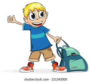 Smiling schoolboy with a backpack in his hand on a white background
