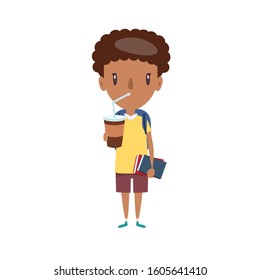 Smiling schoolboy. Cheerful elementary school student, kindergarten pupil cartoon character. Flat vector illustration.