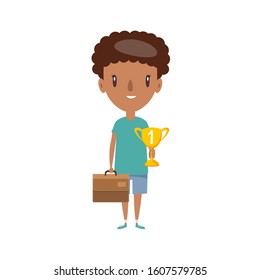 Smiling schoolboy. Cheerful elementary school student, kindergarten pupil cartoon character. Flat vector illustration.